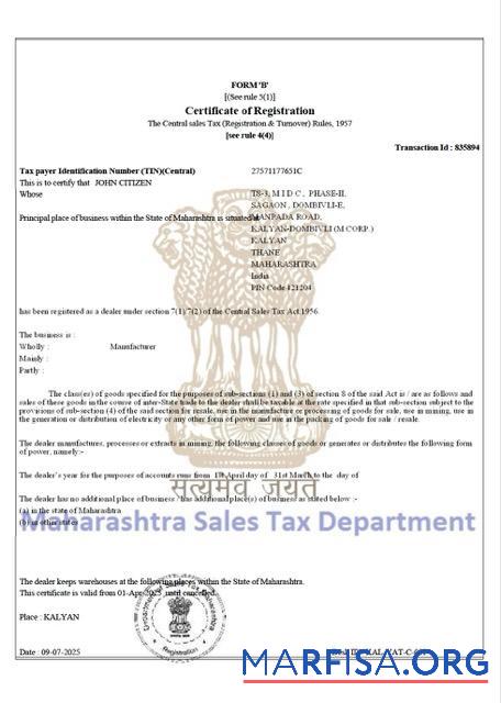 Blank India Maharashtra certificate of taxpayer registration Word and PDF template